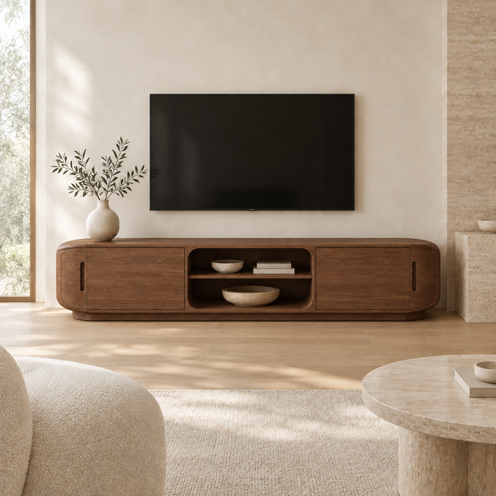 Cove Rounded Media Console in Walnut finish