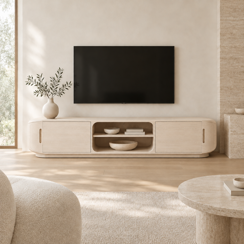 Cove Rounded Media Console in Bleached Oak finish