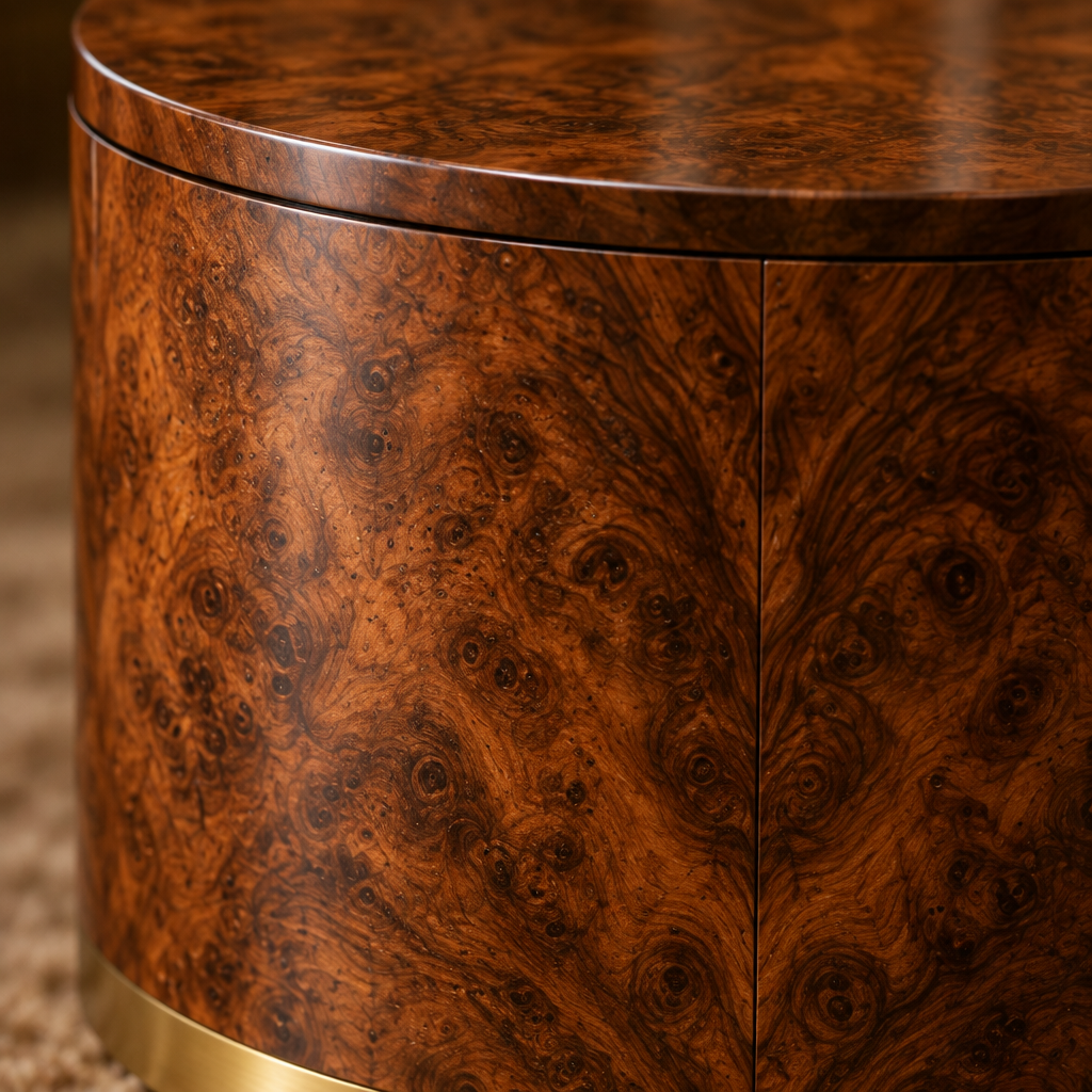 Sable Burl Drum Side Table wood grain close-up