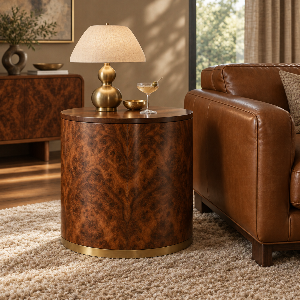 Sable Burl Drum Side Table in use