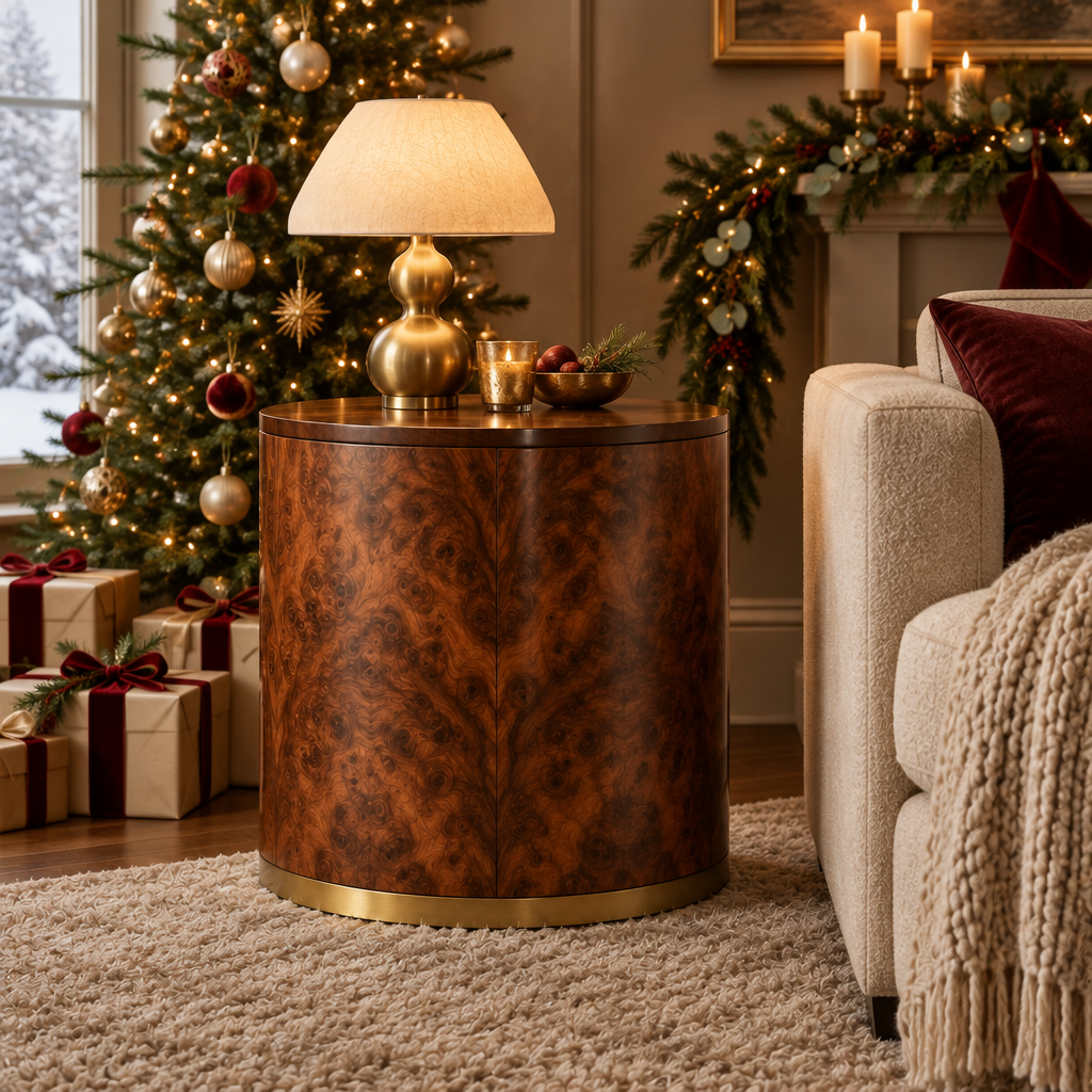 Sable Burl Drum Side Table styled for the holidays