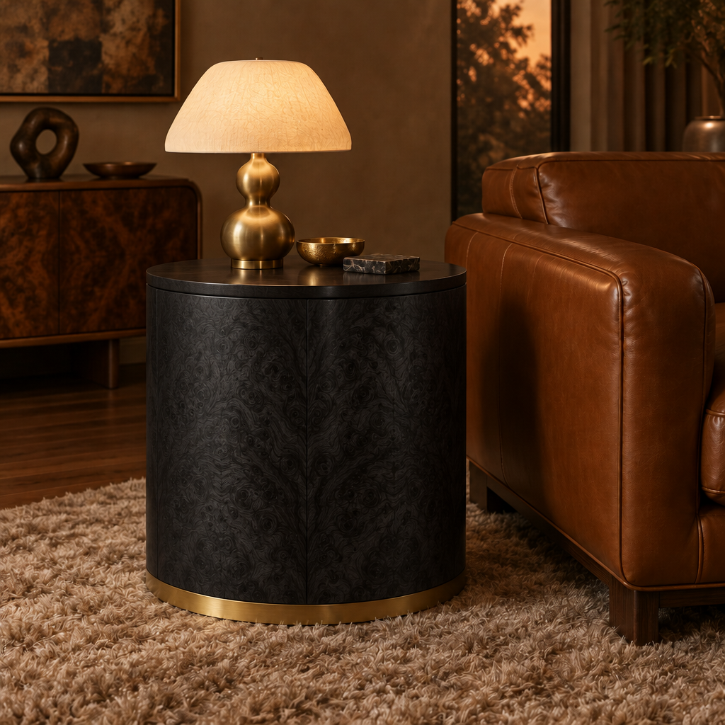 Sable Burl Drum Side Table in Ebonized Black finish