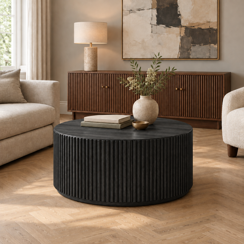 Arden Fluted Drum Coffee Table in Ebonized Black finish