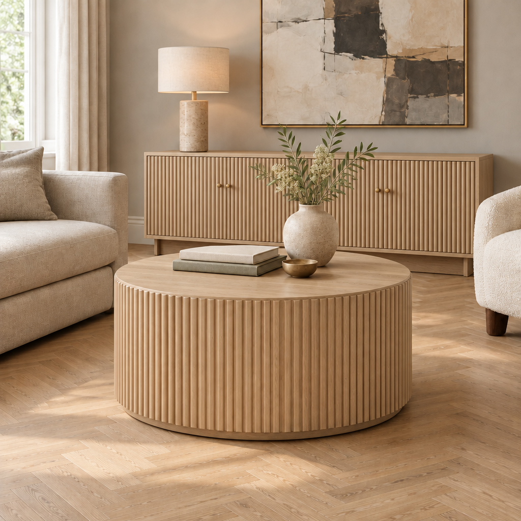 Arden Fluted Drum Coffee Table in Natural Oak finish