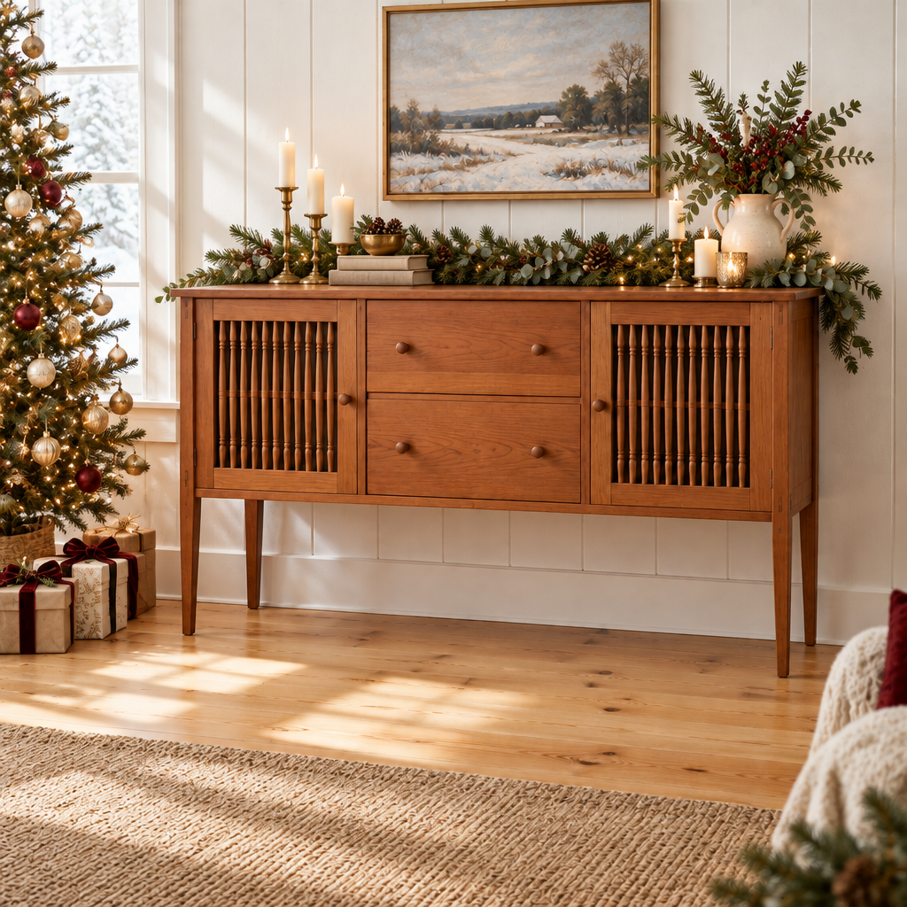 Linden Spindle Sideboard styled for the holidays