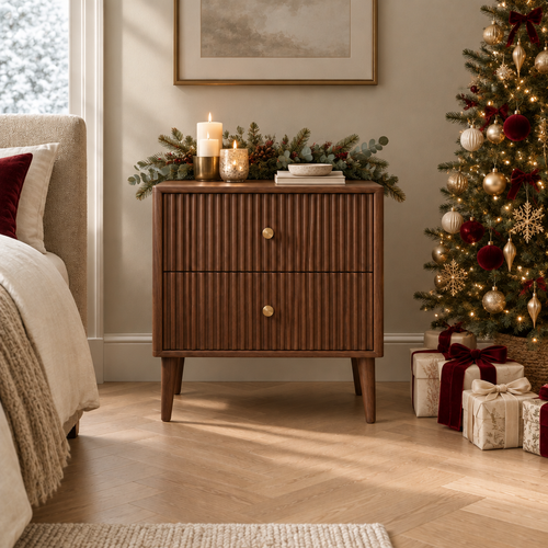 Arden Fluted Nightstand styled for the holidays