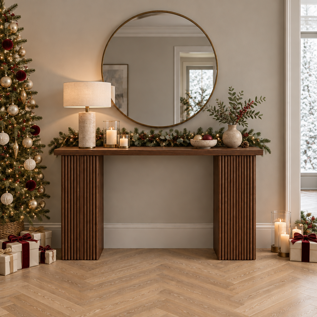 Arden Fluted Console Table styled for the holidays