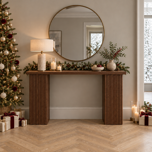 Arden Fluted Console Table styled for the holidays