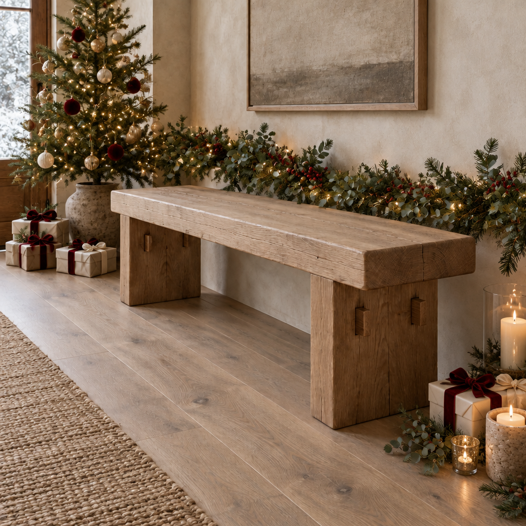 Basalt Solid Oak Bench styled for the holidays