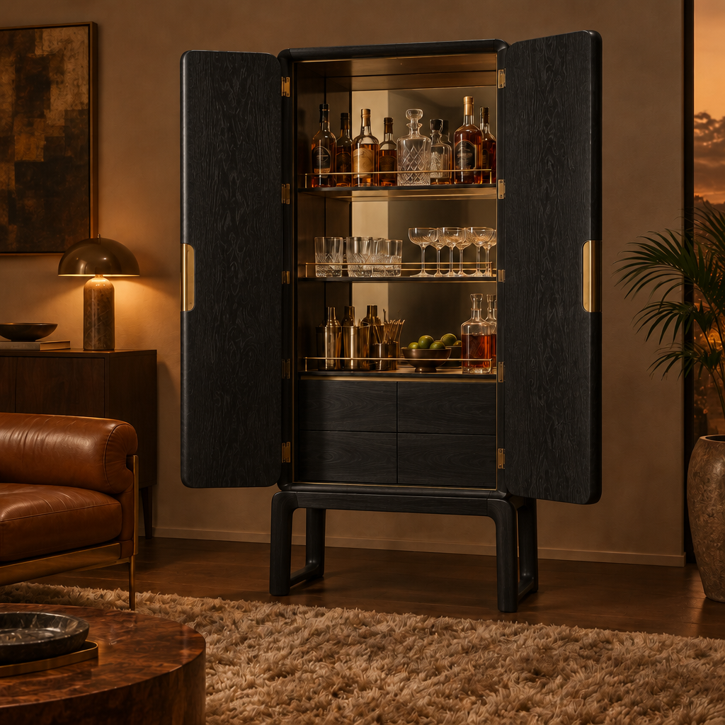 Sable Burl Bar Cabinet in Ebonized Black finish
