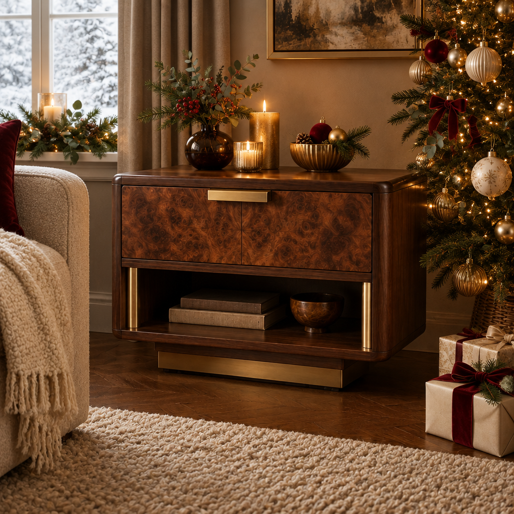 Sable Burl Nightstand styled for the holidays