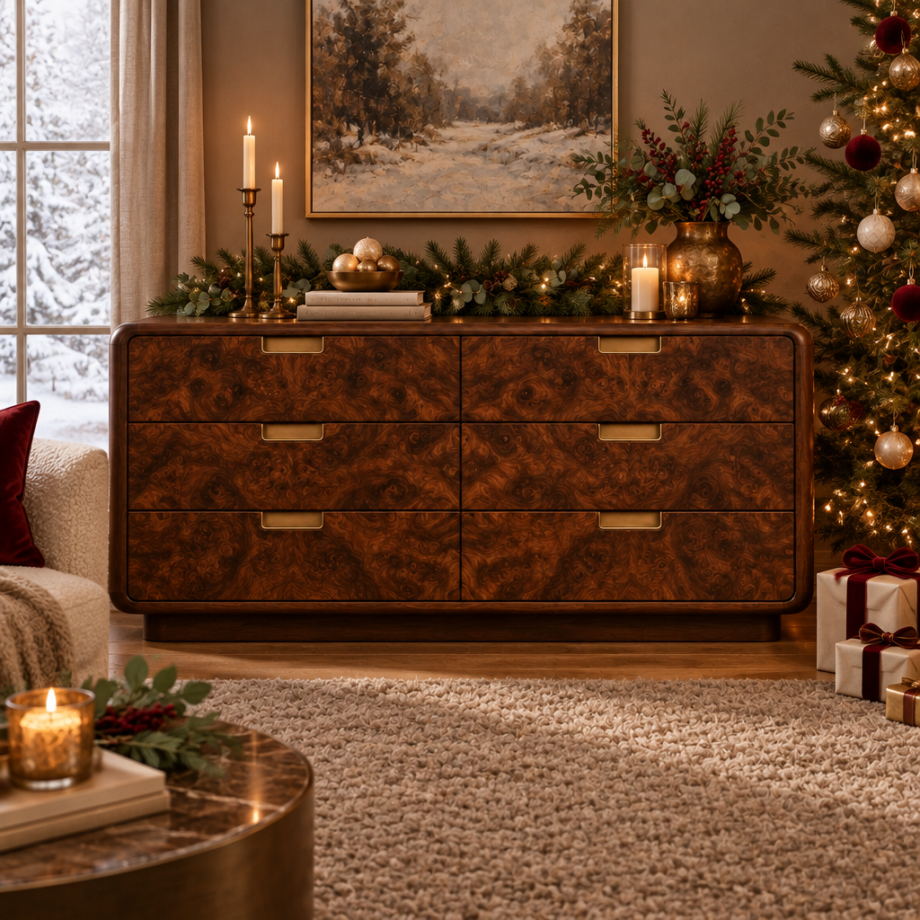 Sable Walnut Burl Dresser styled for the holidays