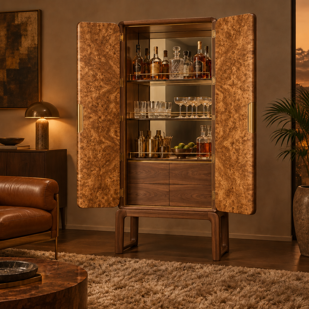 Sable Burl Bar Cabinet in Natural Walnut finish
