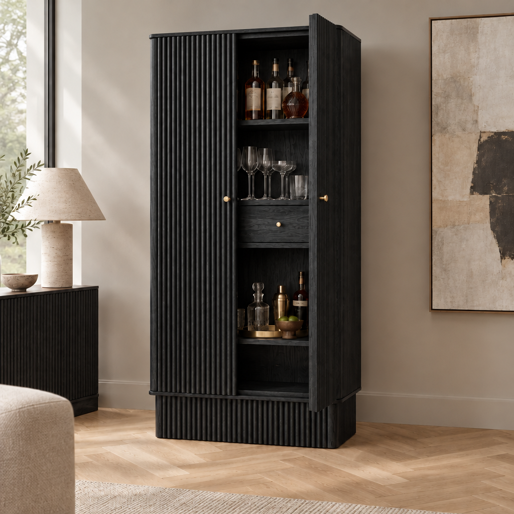 Arden Fluted Bar Cabinet in Ebonized Black finish