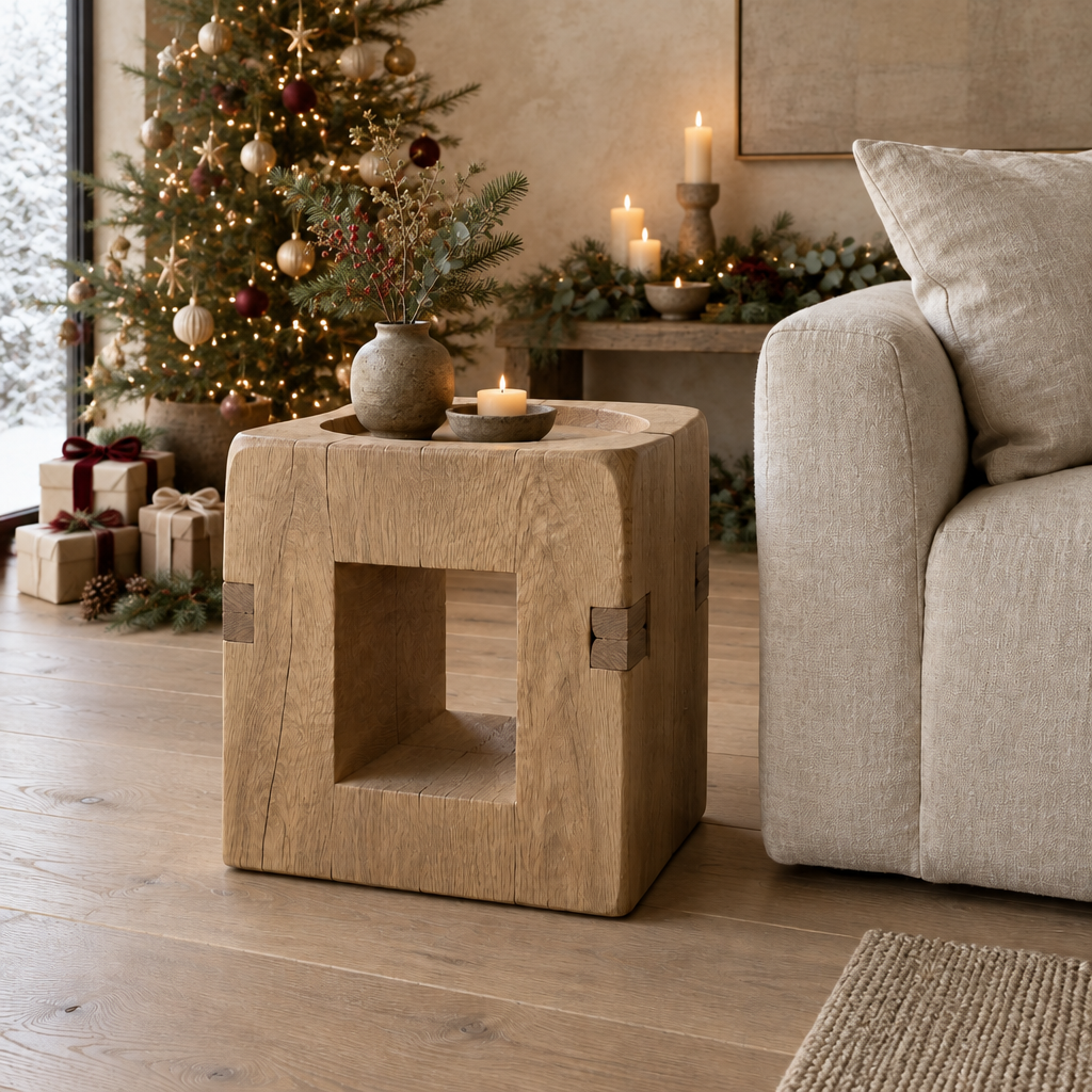 Basalt Block Side Table styled for the holidays