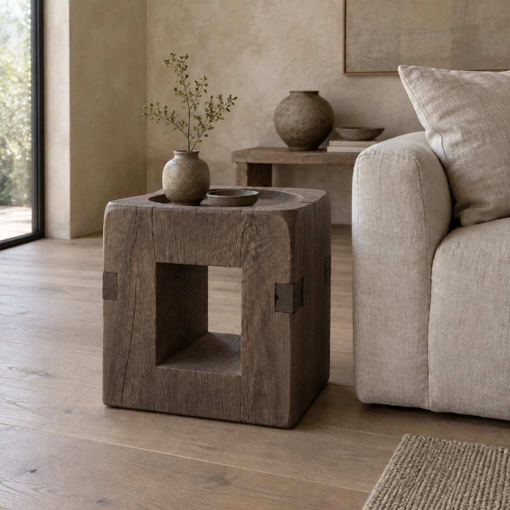 Basalt Block Side Table in Smoked Oak finish