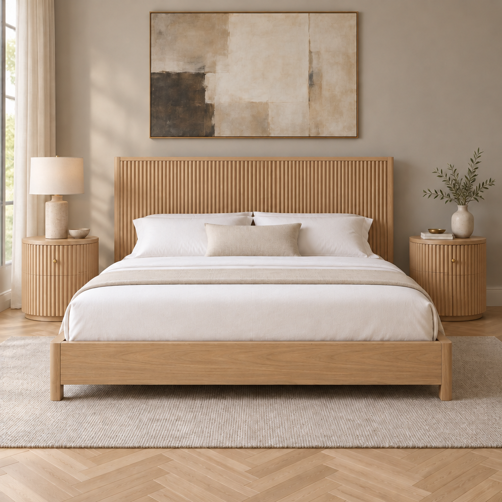 Arden Fluted Headboard Bed in Natural Oak finish