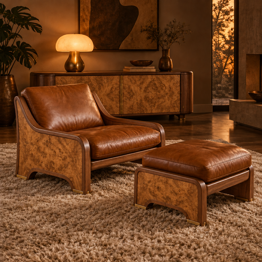 Sable Walnut Leather Lounge Chair in Natural Walnut finish