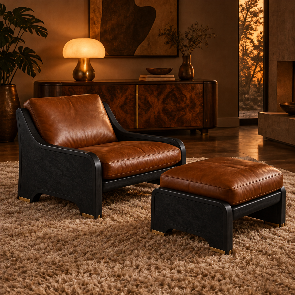 Sable Walnut Leather Lounge Chair in Ebonized Black finish