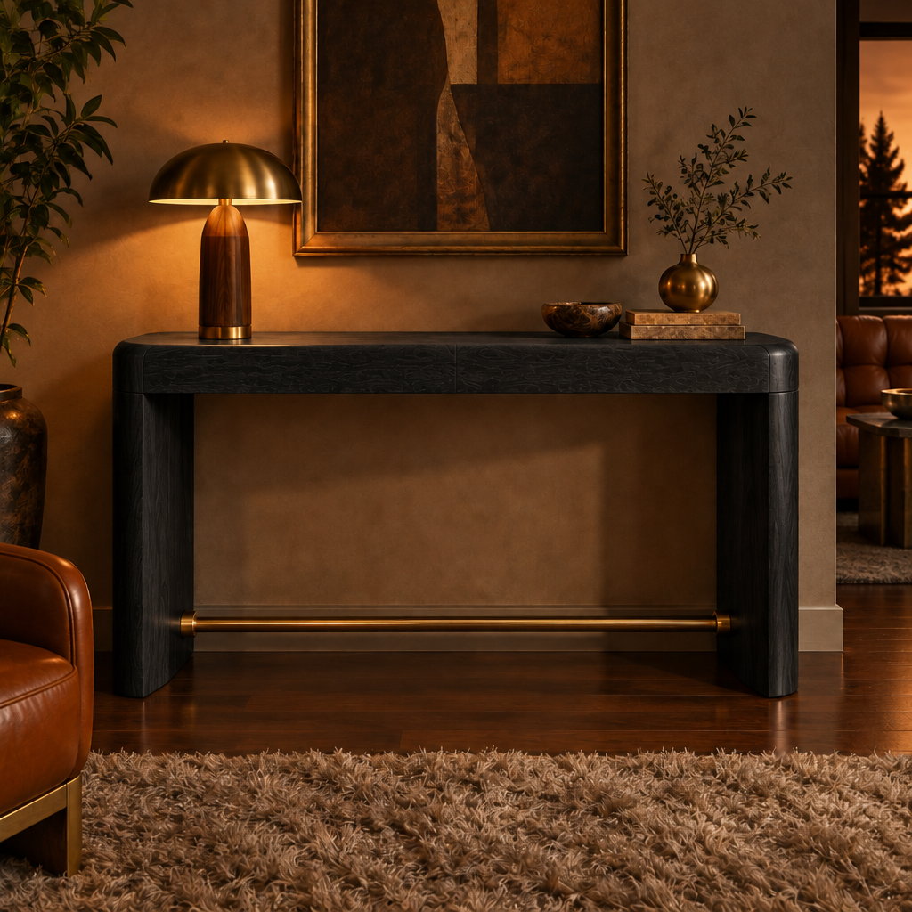 Sable Burl Console Table in Ebonized Black finish