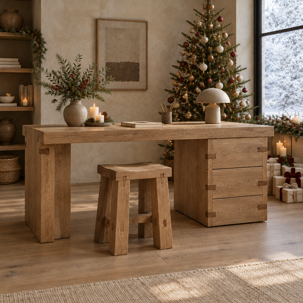 Basalt Slab Desk styled for the holidays
