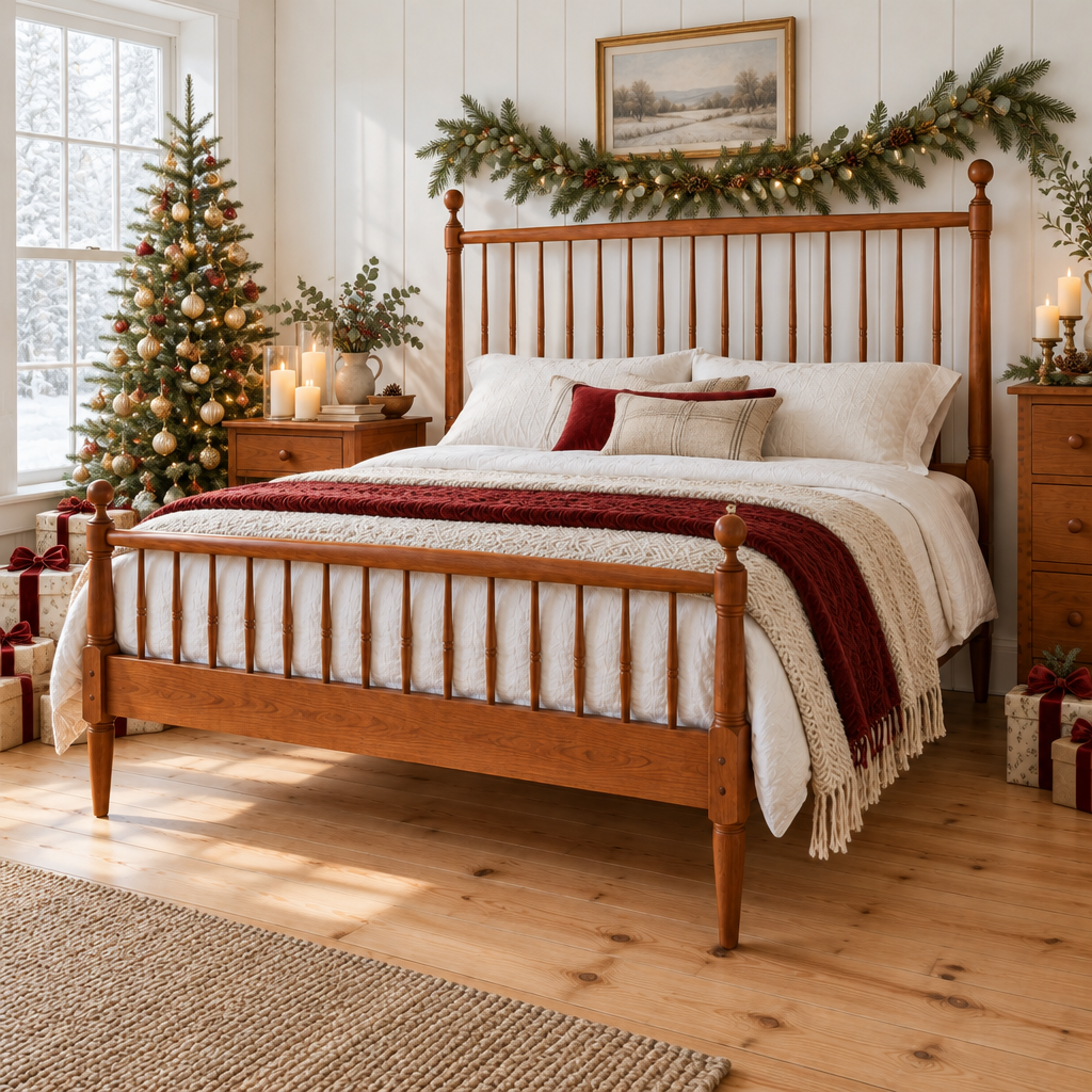 Linden Shaker Spindle Bed styled for the holidays