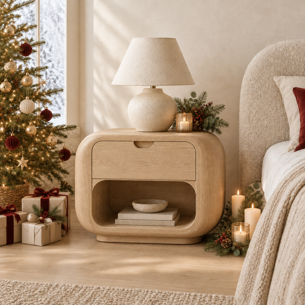 Cove Pill Nightstand styled for the holidays