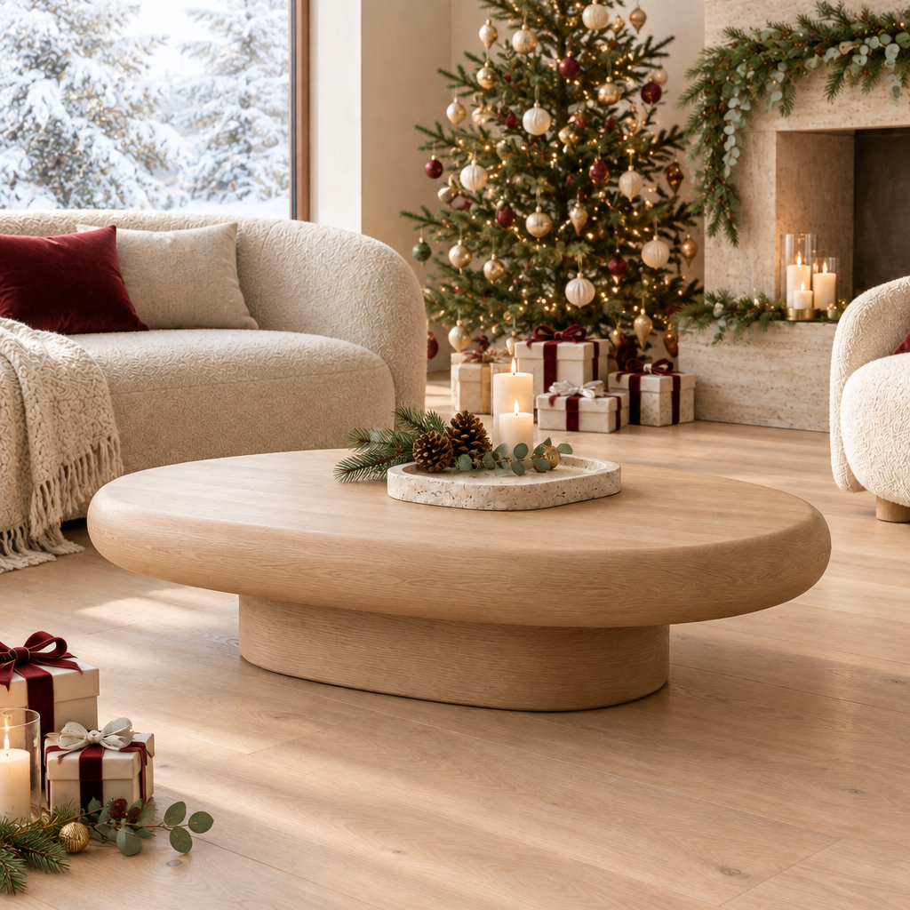 Cove Oval Coffee Table styled for the holidays
