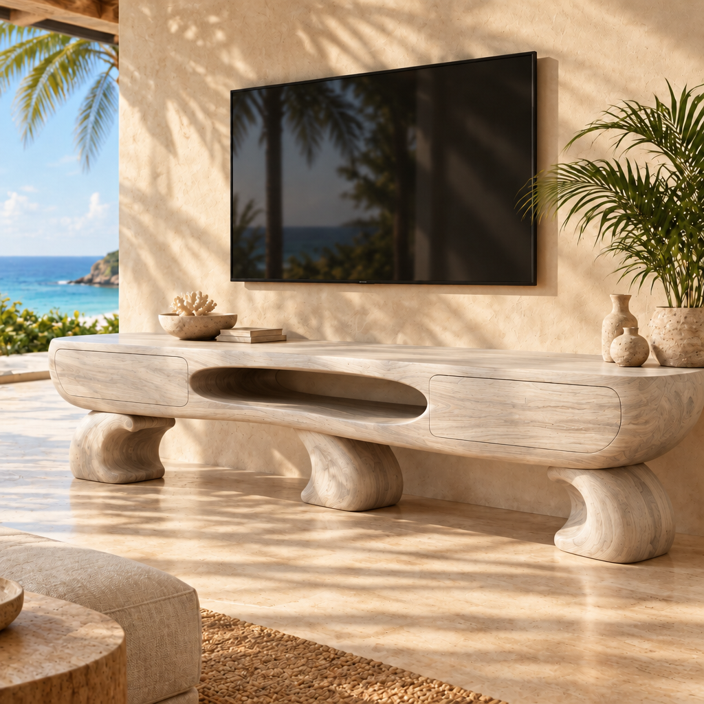 Solana Swell Arch Media Console in Whitewashed Teak finish
