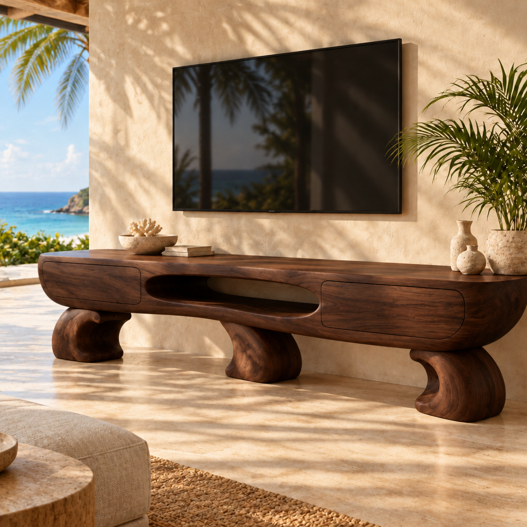 Solana Swell Arch Media Console in Dark Teak finish