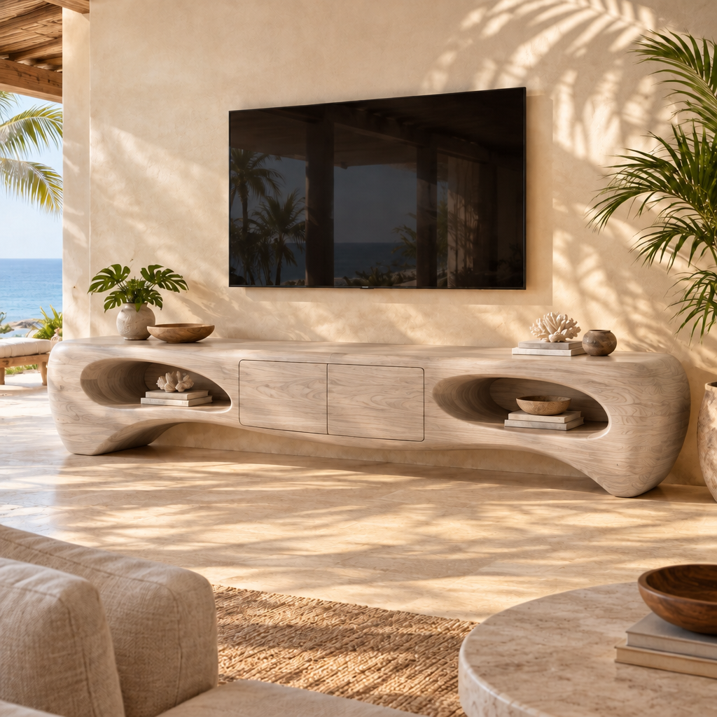 Solana Lagoon Sculpted Media Console in Whitewashed Teak finish