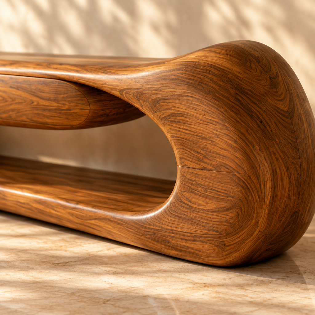 Solana Dune Sculpted Media Console teak grain close-up