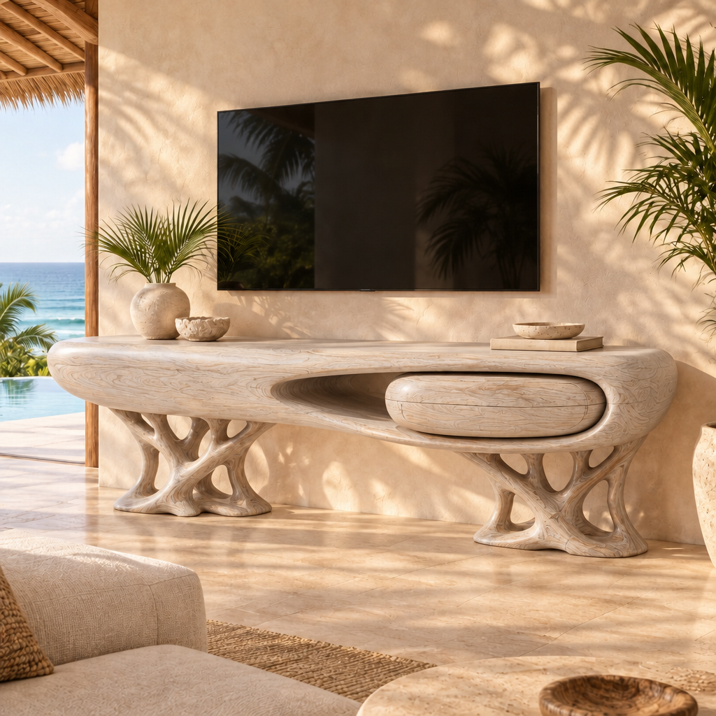 Solana Coral Base Media Console in Whitewashed Teak finish