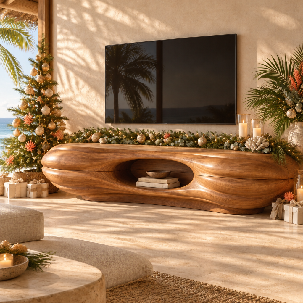 Solana Clamshell Media Console styled for the holidays