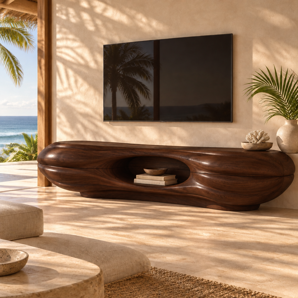 Solana Clamshell Media Console in Dark Teak finish