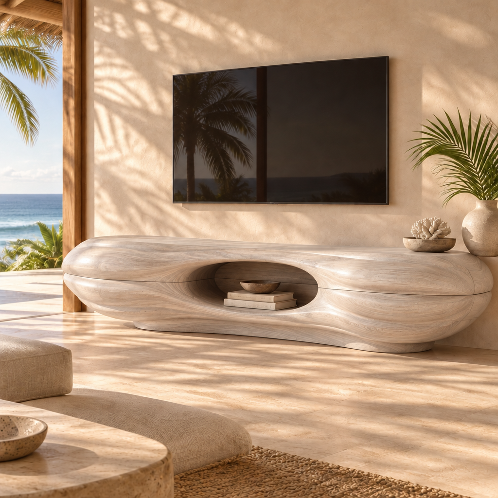 Solana Clamshell Media Console in Whitewashed Teak finish