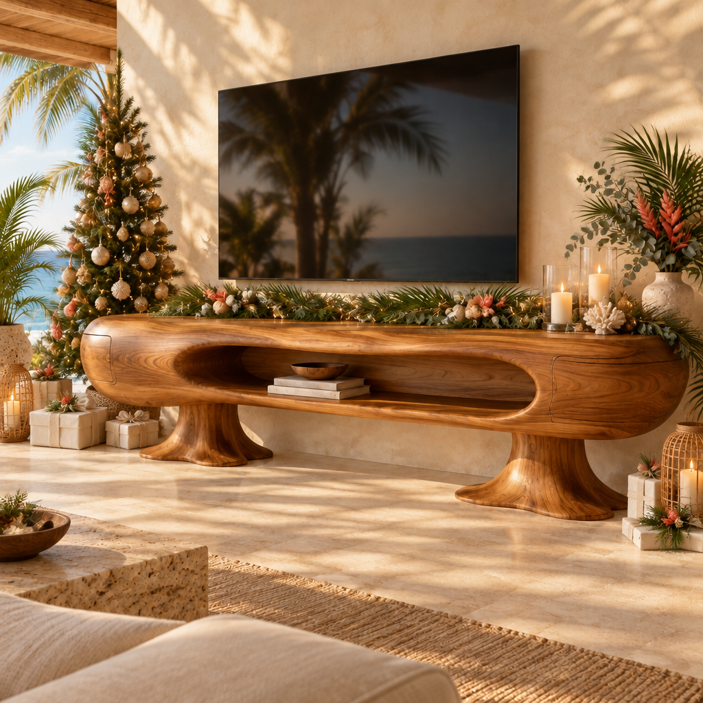 Solana Palm-Root Media Console styled for the holidays