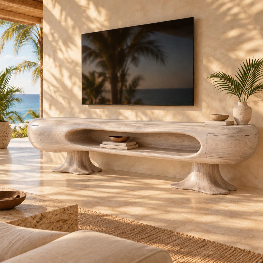 Solana Palm-Root Media Console in Whitewashed Teak finish