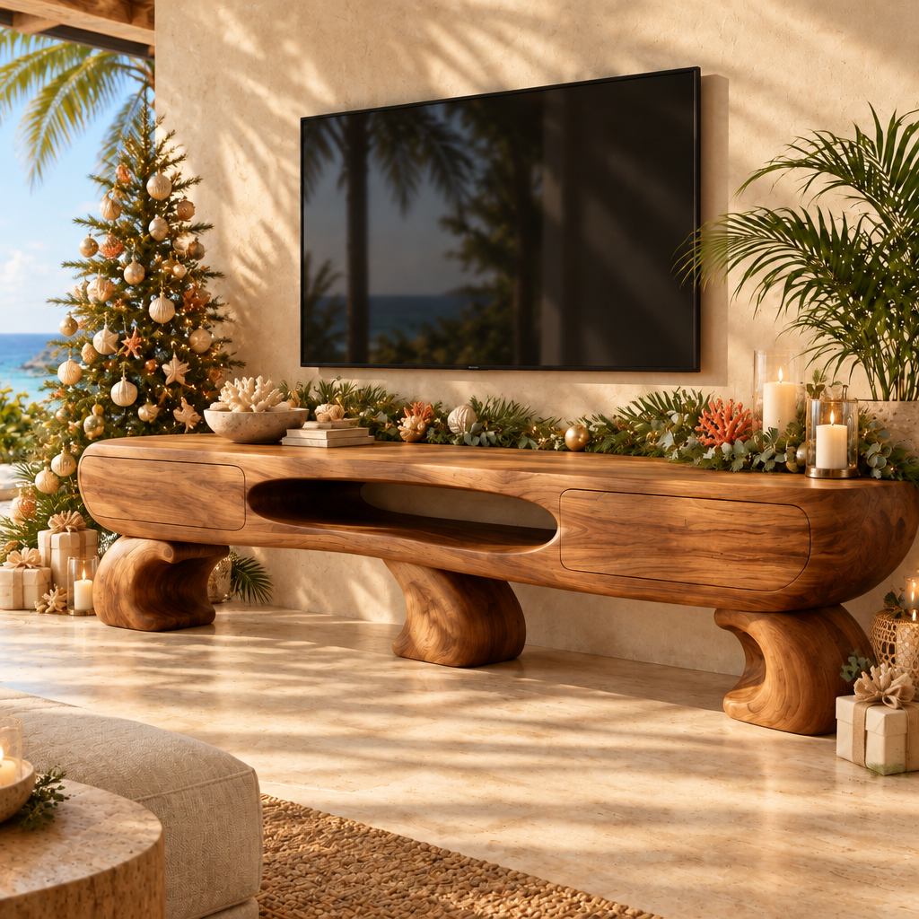 Solana Swell Arch Media Console styled for the holidays