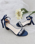 Celine Low Block Heel Crystal Sandal, Navy Satin
