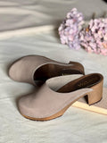 Luna Mid Wood Heel Clog Mule, Taupe Nubuck