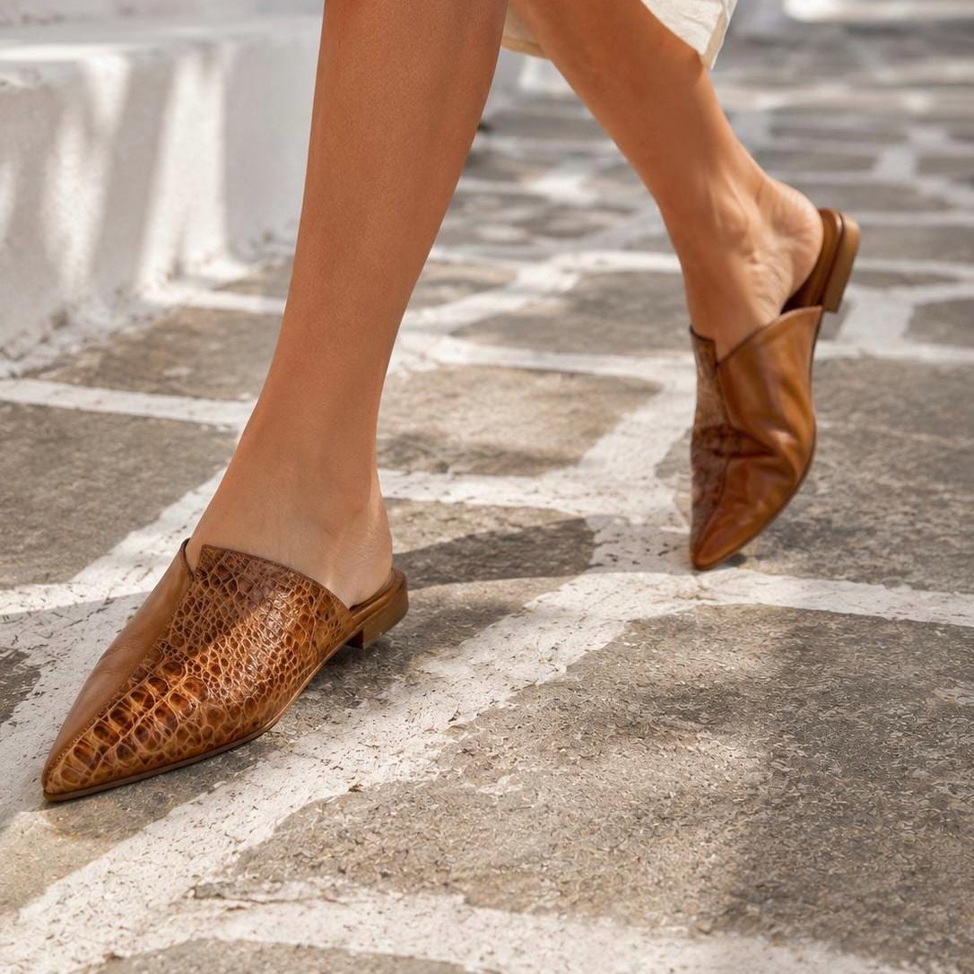 Cora Flat Croc Pointed-Toe Mule, Cognac