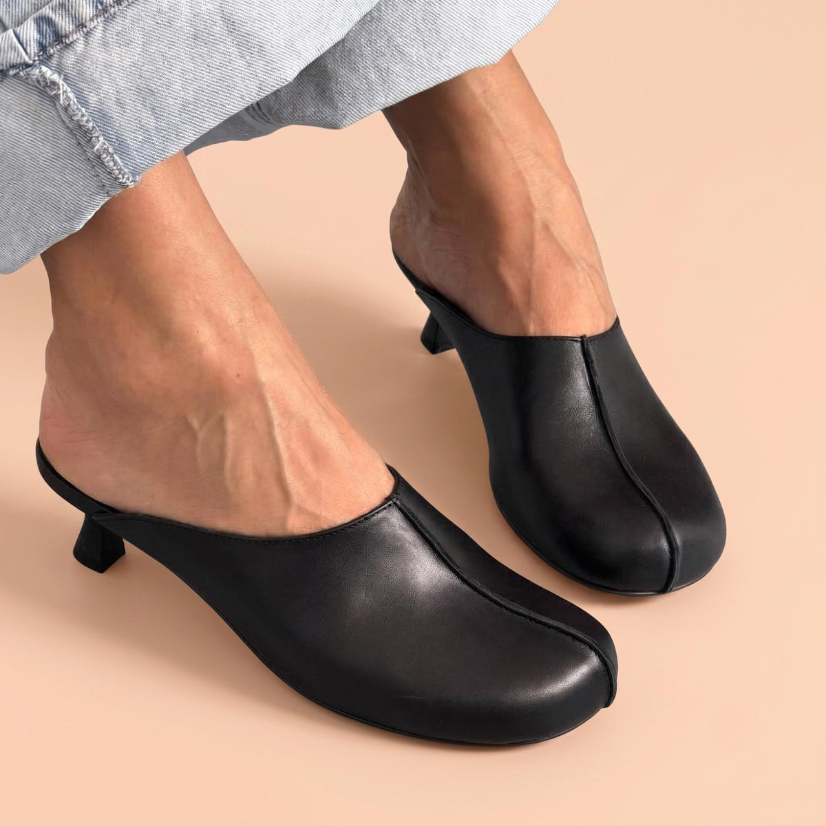 Kara Kitten Heel Square-Toe Mule, Black