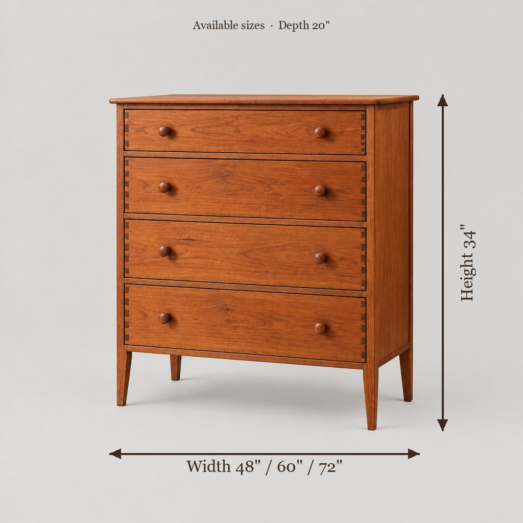 Linden Shaker Four-Drawer Dresser size chart