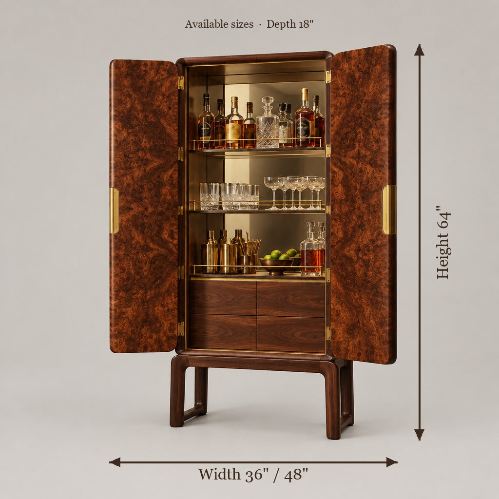 Sable Burl Bar Cabinet size chart